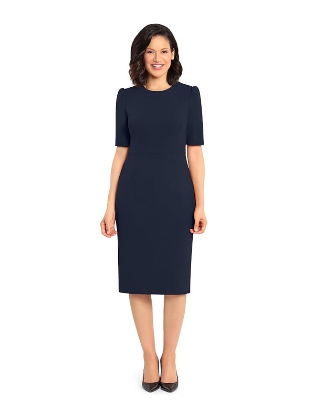 NWT Donna Morgan Twilight Navy Knitted Crepe Sheath Dress – Size 8